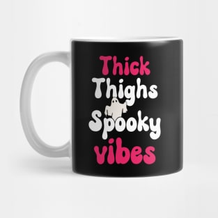 Thick Thighs Spooky Vibes - Groovy Vintage Halloween Sayings Quotes for Women Mug